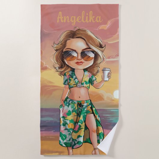 サッシサマーレディパーソナライズされたー名 ビーチタオル (正面)