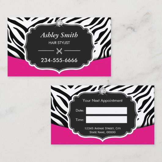 サッシピンクゼブラプリント美容師アポイントメント 予約カード (正面/裏面)