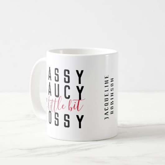 サッシーおもしろいソーシーボッシアティートタイポグラフィ コーヒーマグカップ (正面左)