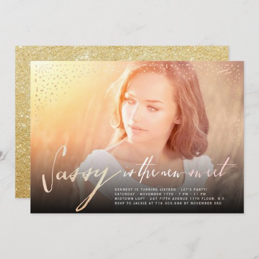 サッシーは新しい甘い16th誕生日パーティー招待状 招待状 (正面/裏面)