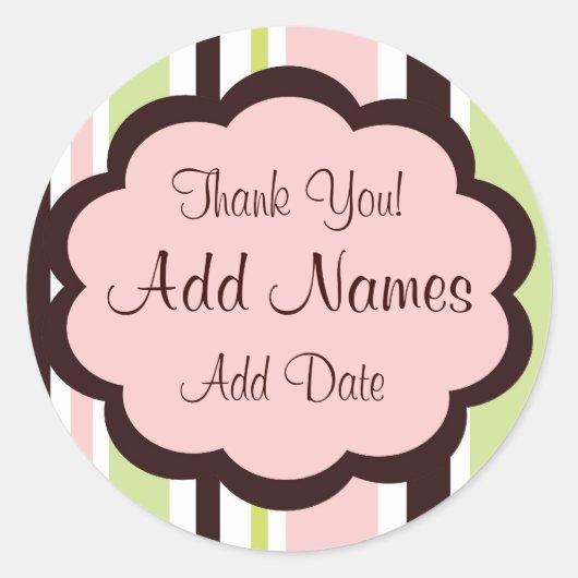 サッシーストライプ結婚式の引き出物ピンクとブラウンのステッカー ラウンドシール (正面)