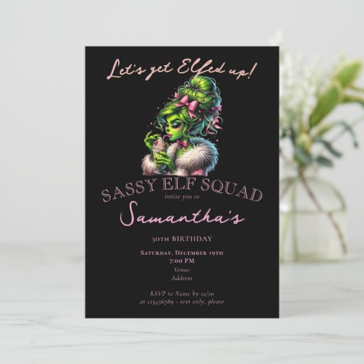 サッシー小妖精や小人スクワッドクリスマスガールズナイトアウト誕生日 招待状 (スタンド正面)