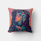サッドイエスキリスト顔トーンクラウン抽象芸術アート クッション (正面)