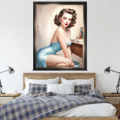 サテンエレガントブルーの服装でピンアップガール美しい キャンバスプリント (インサイチュ (寝室))