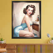 サテンエレガントブルーの服装でピンアップガール美しい キャンバスプリント (インサイチュ (リビング))