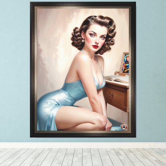 サテンエレガントブルーの服装でピンアップガール美しい キャンバスプリント (インサイチュ (ウッドフロア))