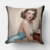 サテンエレガントブルーの服装でピンアップガール美しい クッション (正面)