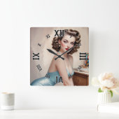 サテンエレガントブルーの服装でピンアップガール美しい スクエア壁時計 (ホーム)