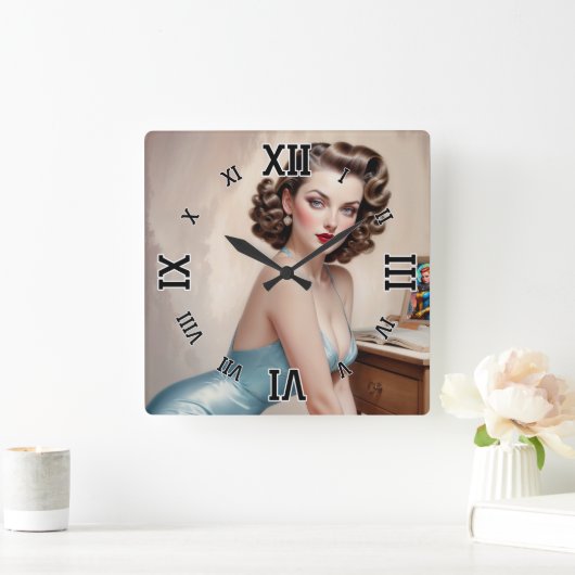 サテンエレガントブルーの服装でピンアップガール美しい スクエア壁時計 (ホーム)
