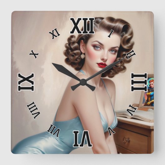 サテンエレガントブルーの服装でピンアップガール美しい スクエア壁時計 (正面)
