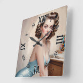 サテンエレガントブルーの服装でピンアップガール美しい スクエア壁時計 (傾斜)