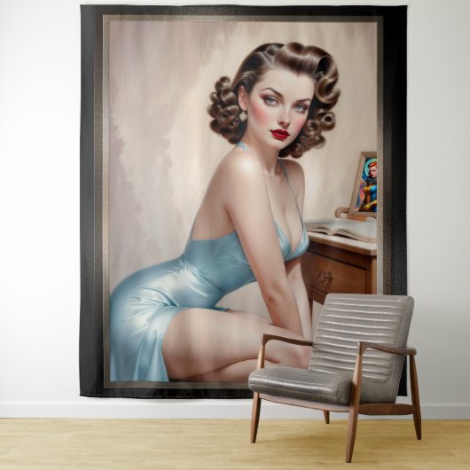 サテンエレガントブルーの服装でピンアップガール美しい タペストリー (インサイチュ)