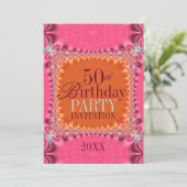 サテンオレンジ+ピンクダマスク柄 50歳の誕生日招待状 招待状 (スタンド正面)