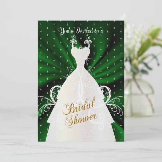 サテンダークグリーン&金ゴールドクロスパターン |シャワー 招待状 (スタンド正面)