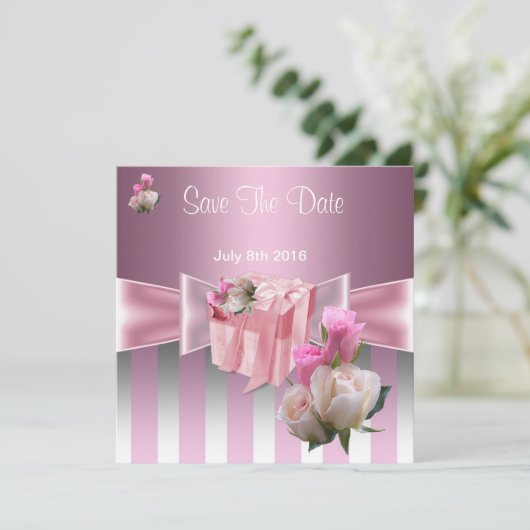 サテンピンクかわいらしシルバーの弓を保存ストライプする セーブザデート (スタンド正面)