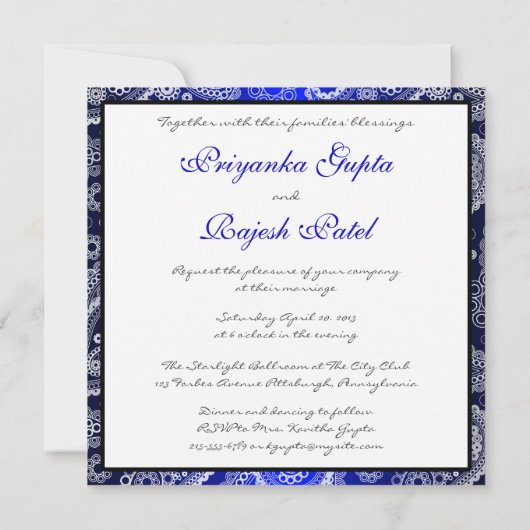 サテンブルーホワイトレースペイズリー結婚式招待状 招待状 (裏面)