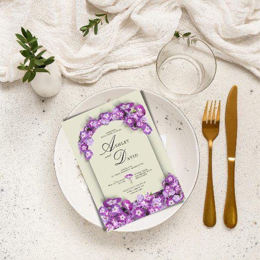 サテンモダンリネンパープル薄紫アークフローラ結婚ズ 招待状