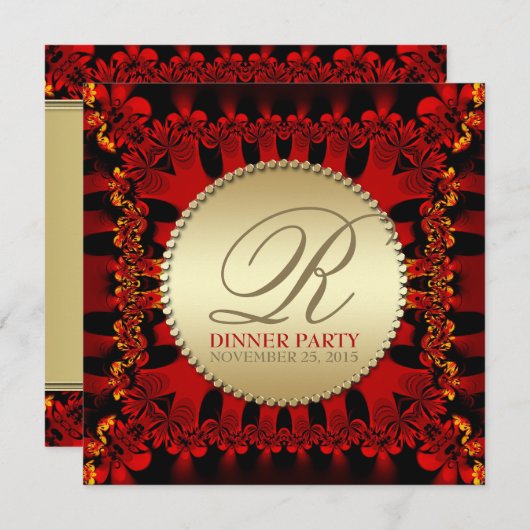 サテンレッドフリル金ゴールドディナーパーティの招待状 招待状 (正面/裏面)