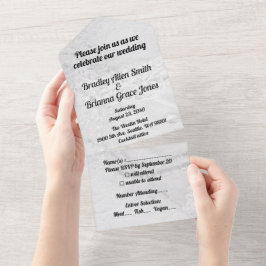 サテン上の白と銀のレースとパール オールインワン招待状