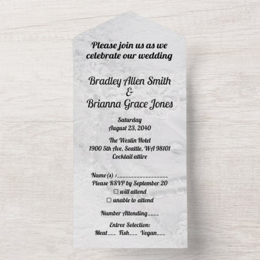 サテン上の白と銀のレースとパール オールインワン招待状 (内側)