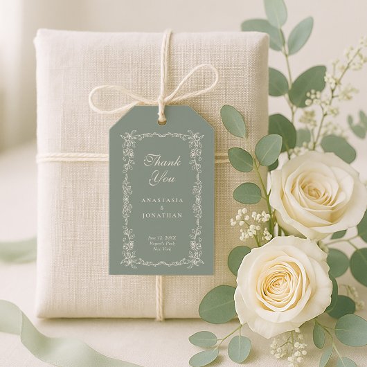サテン グリーン ヴィンテージ フラワー ウェディング サンクス ギフトタグ