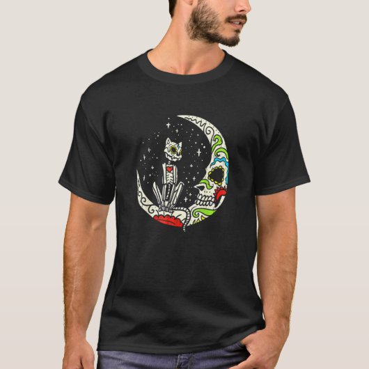 サトウキビ ドクロ 猫 月 死者の日 ハロウィン Tシャツ (正面)