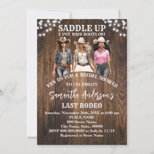 サドルアップあなたのブーツを置く女性のカーボーイブライダルシャワー 招待状 (正面)