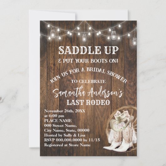 サドルアップあなたのブーツを置く女性のカーボーイブライダルシャワー 招待状 (正面)