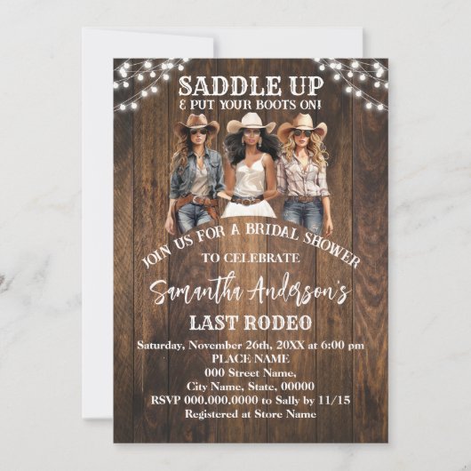 サドルアップあなたのブーツを置く女性のカーボーイブライダルシャワー 招待状 (正面)