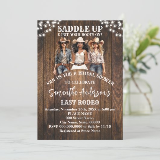 サドルアップあなたのブーツを置く女性のカーボーイブライダルシャワー 招待状 (スタンド正面)