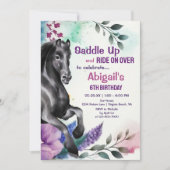サドルアップかわいらしブラックホースと花の誕生日 招待状 (正面)