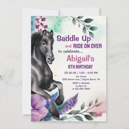 サドルアップかわいらしブラックホースと花の誕生日 招待状 (正面)