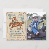 サドルアップウェスタンロデオカウボーイ誕生日写真 招待状 (正面)