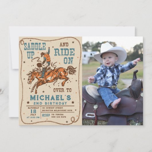 サドルアップウェスタンロデオカウボーイ誕生日写真 招待状 (正面)