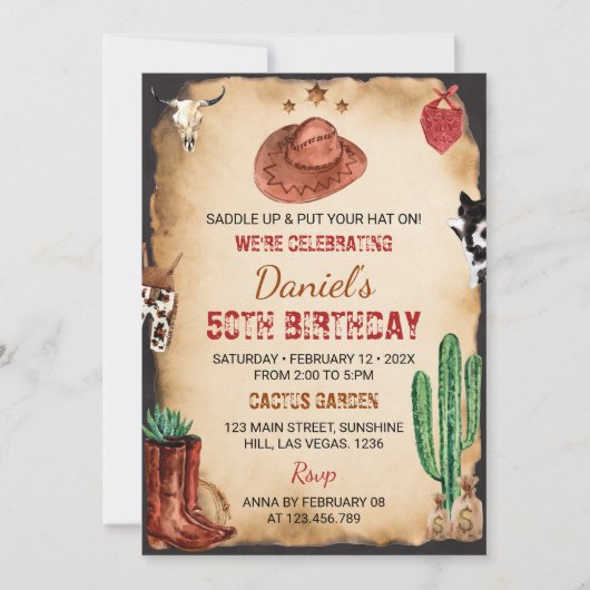 サドルアップウェスタンロデオカウボーイ誕生日招待状 招待状 (正面)