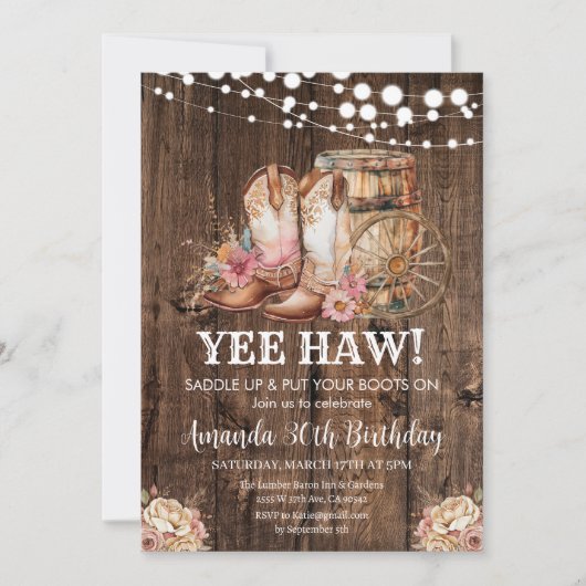 サドルアップウェスタン素朴女性のカーボーイ30th Birthday 招待状 (正面)