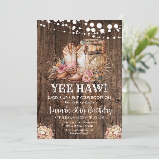 サドルアップウェスタン素朴女性のカーボーイ30th Birthday 招待状 (スタンド正面)