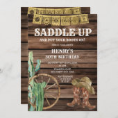 サドルアップウエスタンカウボーイ誕生日素朴ウッド 招待状 (正面/裏面)