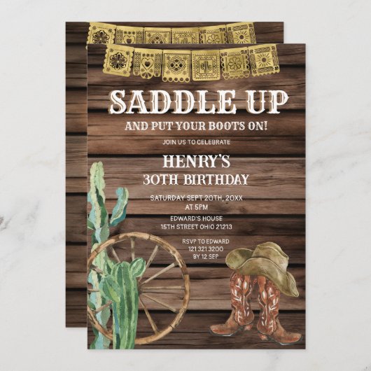サドルアップウエスタンカウボーイ誕生日素朴ウッド 招待状 (正面/裏面)