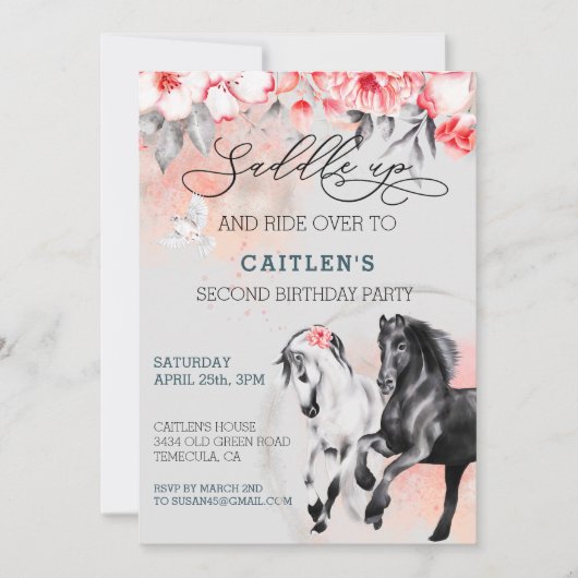 サドルアップウマ水彩花赤黒 招待状 (正面)