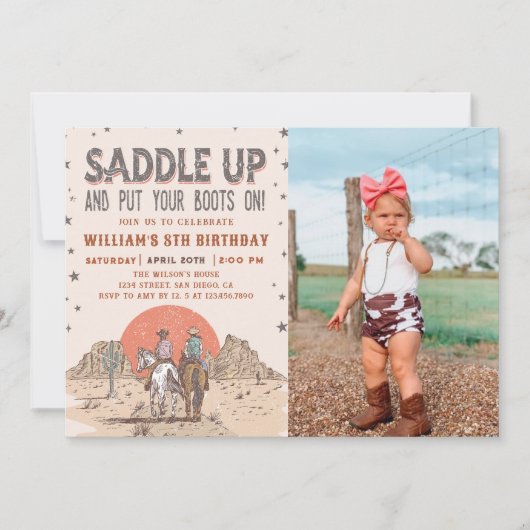 サドルアップカウボーイウェスタン誕生日カントリーブーツ 招待状 (正面)