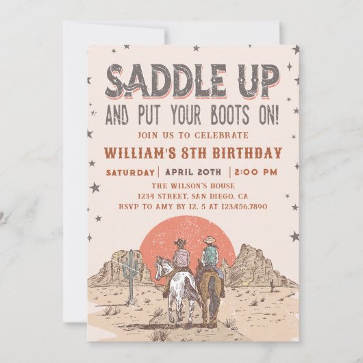 サドルアップカウボーイウェスタン誕生日カントリーブーツ 招待状 (正面)