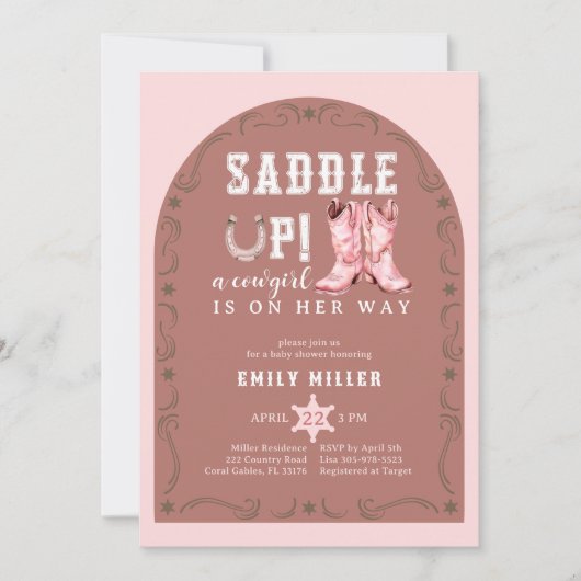 サドルアップピンク女性のカーボーイベビーシャワー招待状 招待状 (正面)