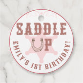 サドルアップピンク女性のカーボーイ誕生日メッセージカード フェイバータグ (正面)