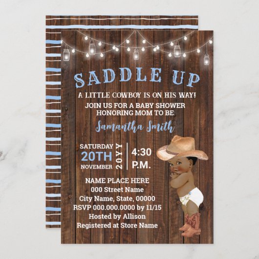 サドルアップリトルカウボーイ彼の方法でオウムベビーシャワー 招待状 (正面/裏面)