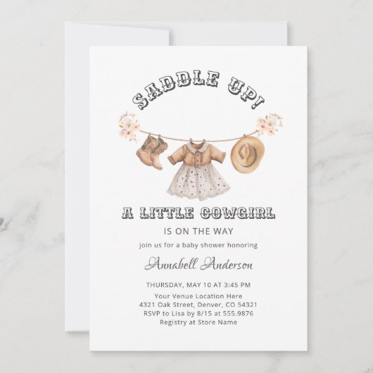 サドルアップリトル女性のカーボーイガールベビーシャワー 招待状 (正面)