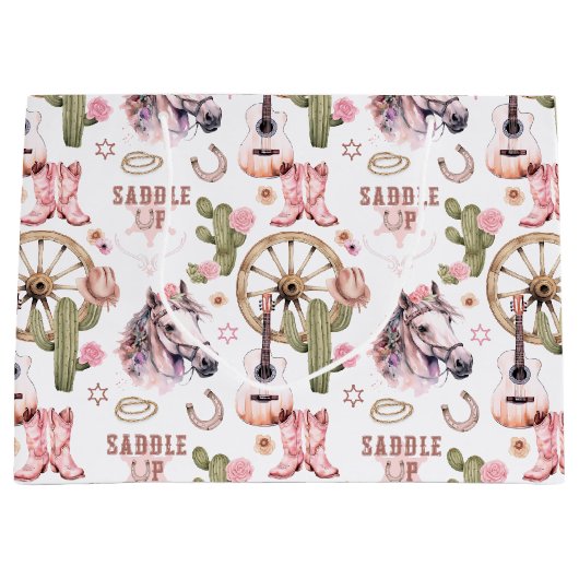 サドルアップ女性のカーボーイピンクウェスタン抱き枕 ラージペーパーバッグ (正面)