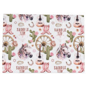 サドルアップ女性のカーボーイピンクウェスタン抱き枕 ラージペーパーバッグ (裏面)