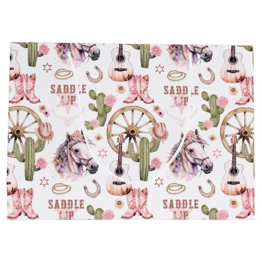 サドルアップ女性のカーボーイピンクウェスタン抱き枕 ラージペーパーバッグ (裏面)