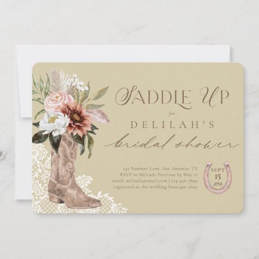サドルアップ女性のカーボーイブーツウェスタンブライダルシャワー 招待状 (正面)